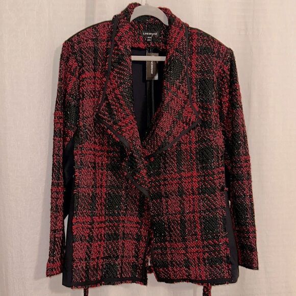 LANE BRYANT 26/28 Red Black Tweed Houndstooth Plaid Knit Back Combo Jacket - Picture 1 of 13